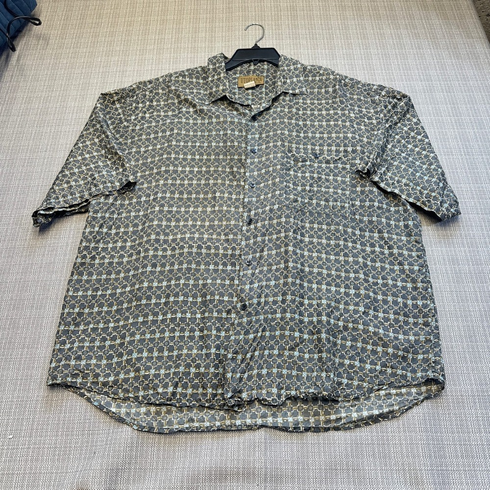 100% Silk Short Sleeve Button Up Shirt Men XL Geometric Grey Short Sleeve Utopia